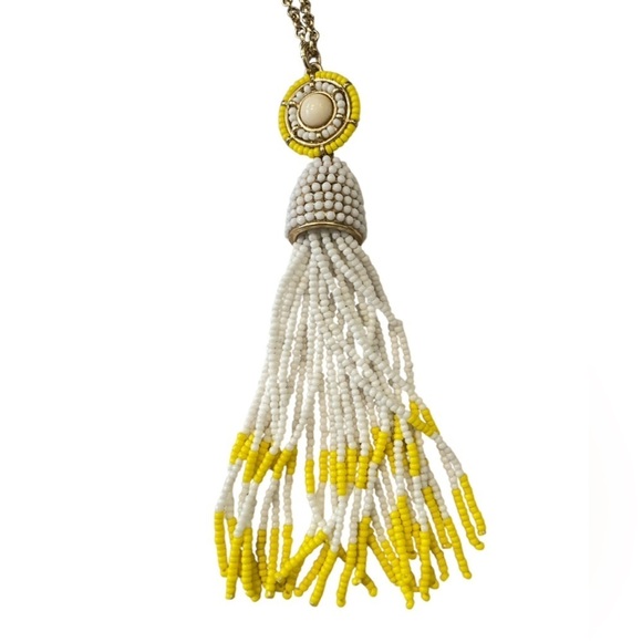 Talbots goldtone chain long necklace white/yellow seed bead circle & tassel - Picture 5 of 11